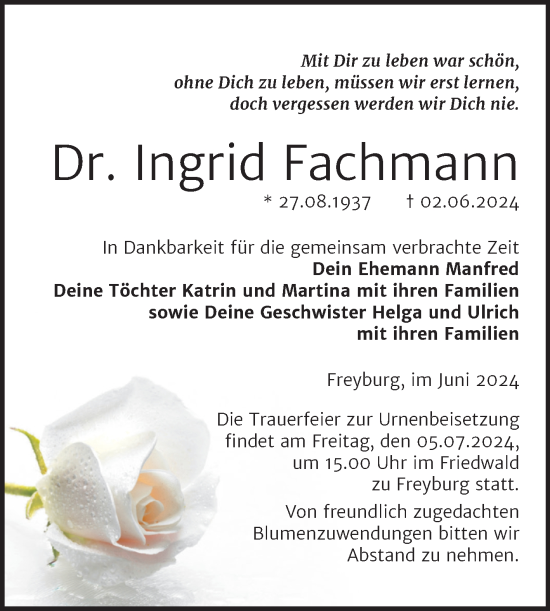 Traueranzeige von Ingrid Fachmann von Naumburger Tageblatt
