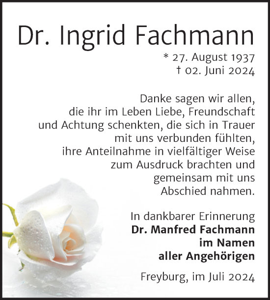 Traueranzeige von Ingrid Fachmann von Naumburger Tageblatt
