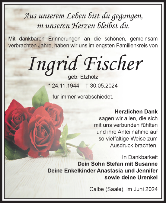 Traueranzeige von Ingrid Fischer von Volksstimme Schönebeck
