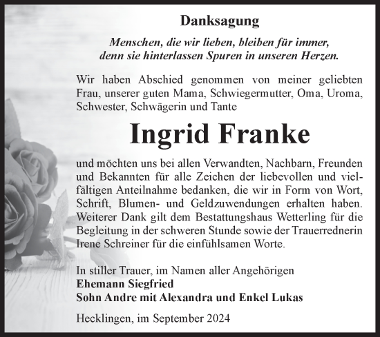 Traueranzeige von Ingrid Franke von Volksstimme Staßfurt