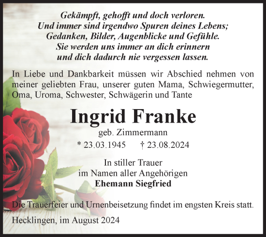 Traueranzeige von Ingrid Franke von Volksstimme Staßfurt