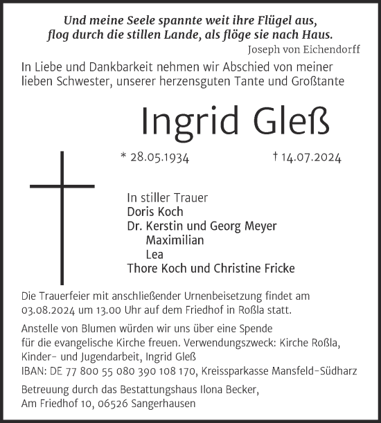 Traueranzeige von Ingrid Gleß von Trauerkombi Sangerhausen