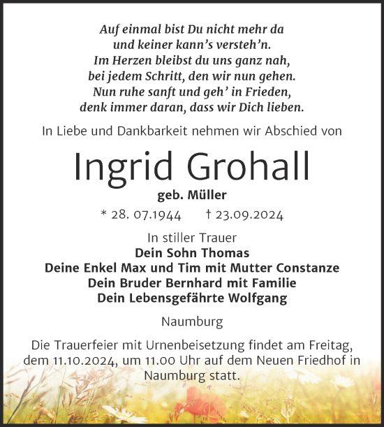 Traueranzeige von Ingrid Grohall von Naumburger Tageblatt