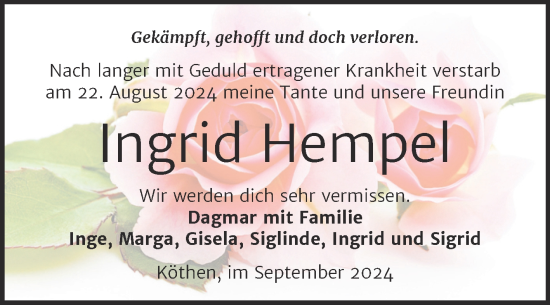 Traueranzeige von Ingrid Hempel von Trauerkombi Köthen