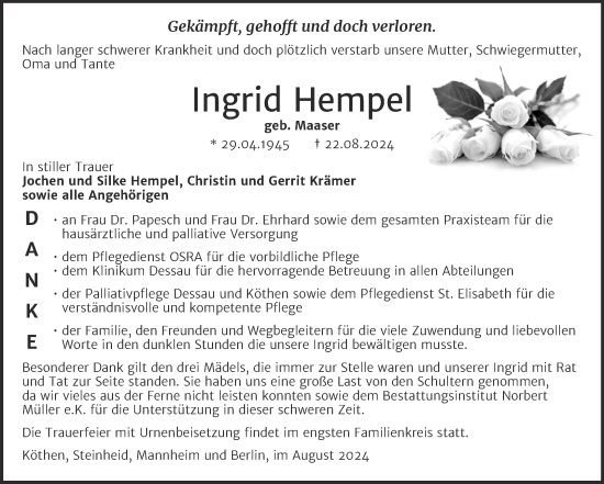 Traueranzeige von Ingrid Hempel von Mitteldeutsche Zeitung Köthen