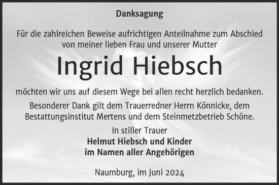 Traueranzeige von Ingrid Hiebsch von Naumburger Tageblatt