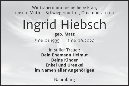 Traueranzeige von Ingrid Hiebsch von Naumburger Tageblatt