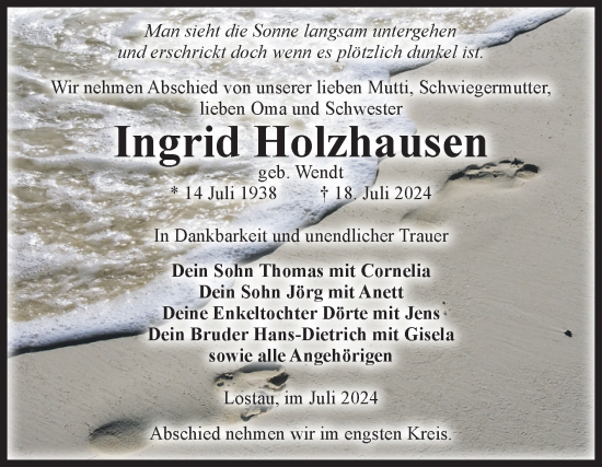 Traueranzeige von Ingrid Holzhausen von Volksstimme Burg/Genthin