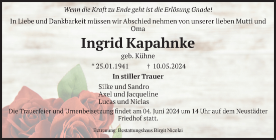 Traueranzeige von Ingrid Kapahnke von Volksstimme Magdeburg