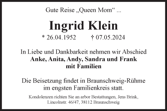 Traueranzeige von Ingrid Klein von Volksstimme Magdeburg