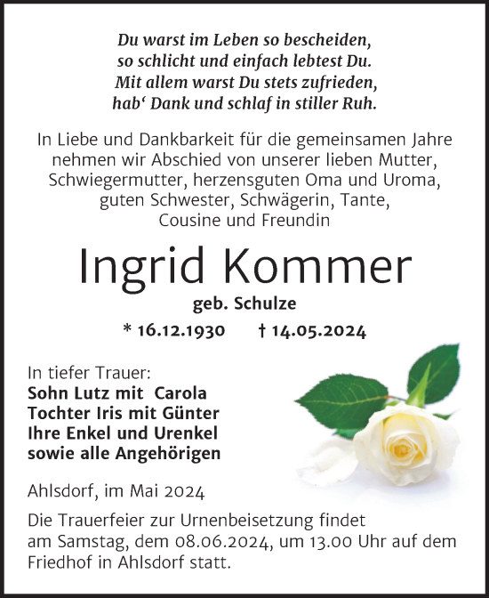 Traueranzeige von Ingrid Kommer von Trauerkombi Mansfelder Land