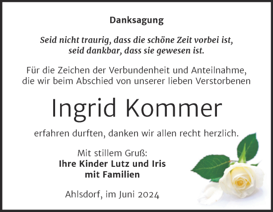 Traueranzeige von Ingrid Kommer von Trauerkombi Mansfelder Land