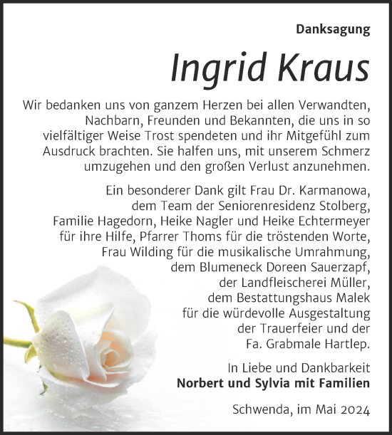 Traueranzeige von Ingrid Kraus von Trauerkombi Sangerhausen