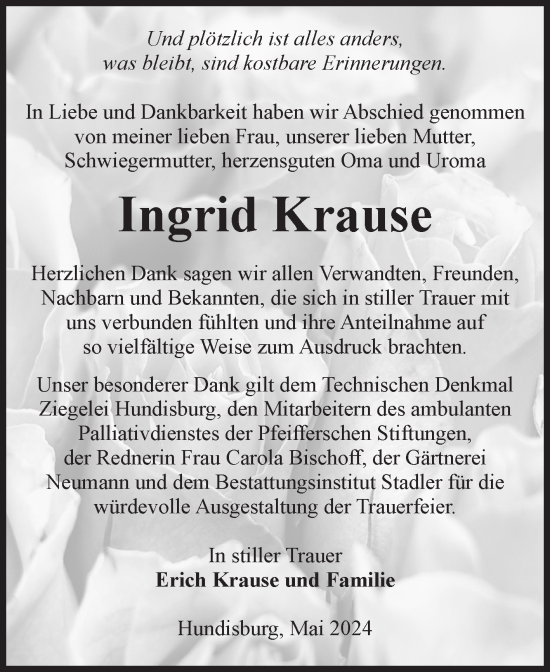 Traueranzeige von Ingrid Krause von Volksstimme Haldensleben/Wolmirstedt