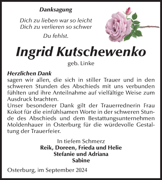 Traueranzeige von Ingrid Kutschewenko von Volksstimme Altmark Ost