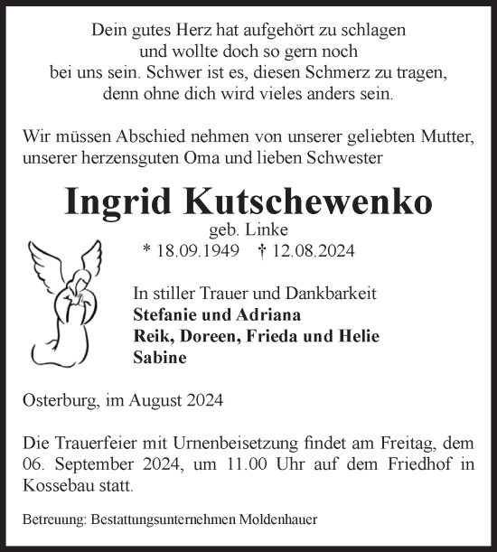 Traueranzeige von Ingrid Kutschewenko von Volksstimme Altmark Ost