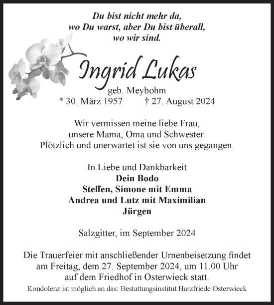 Traueranzeige von Ingrid Lukas von Volksstimme Halberstadt