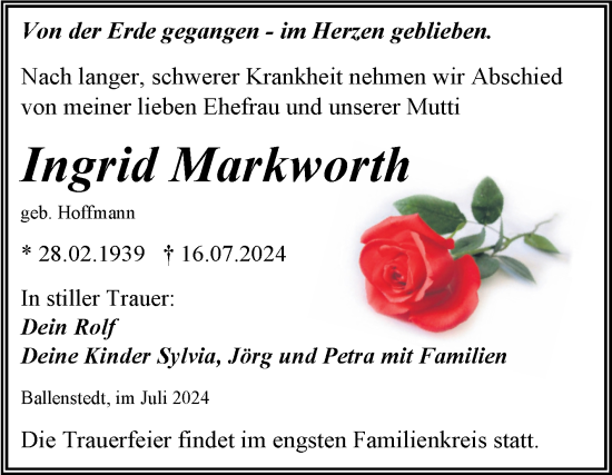 Traueranzeige von Ingrid Markworth von Trauerkombi Quedlinburg