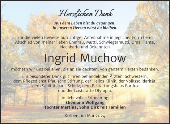Traueranzeige von Ingrid Muchow von Trauerkombi Köthen