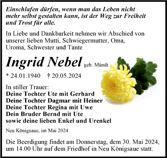 Traueranzeige von Ingrid Nebel von Trauerkombi Aschersleben