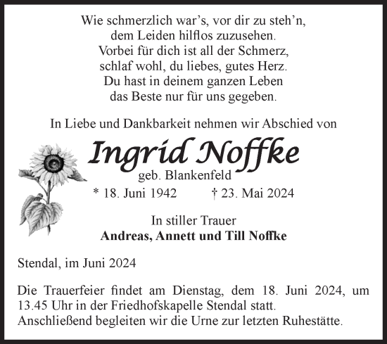 Traueranzeige von Ingrid Noffke von Volksstimme Altmark Ost