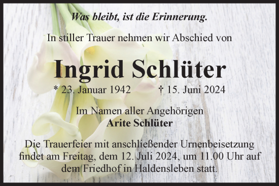 Traueranzeige von Ingrid Schlüter von Volksstimme Haldensleben/Wolmirstedt