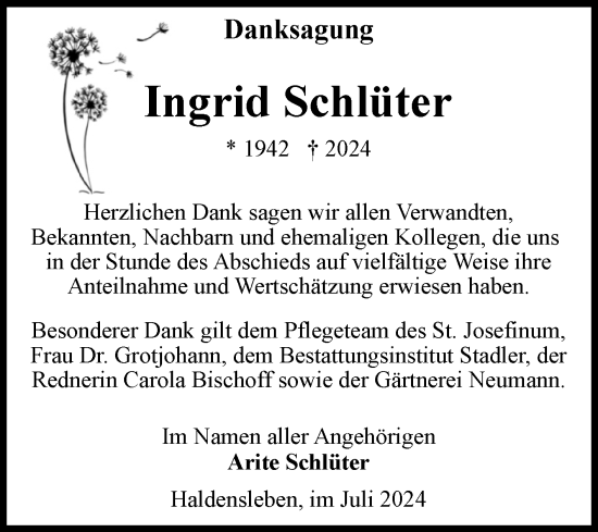 Traueranzeige von Ingrid Schlüter von Volksstimme Haldensleben/Wolmirstedt