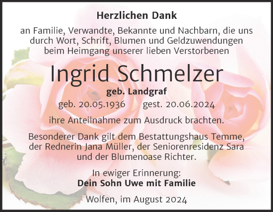 Traueranzeige von Ingrid Schmelzer von Mitteldeutsche Zeitung Bitterfeld