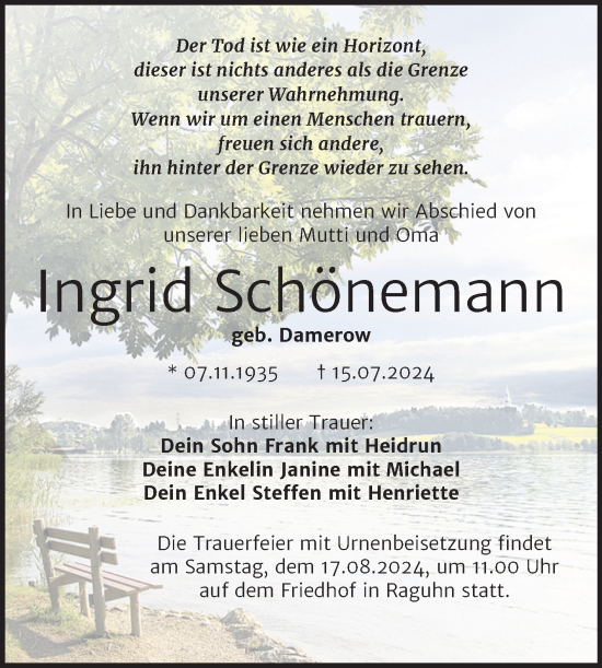 Traueranzeige von Ingrid Schönemann von Trauerkombi Bitterfeld