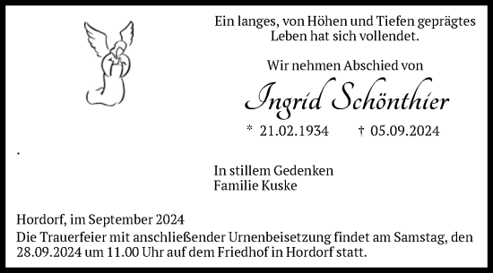 Traueranzeige von Ingrid Schönthier von Volksstimme Oschersleben/Wanzleben