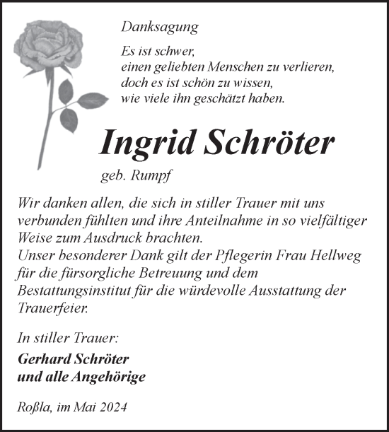 Traueranzeige von Ingrid Schröter von Trauerkombi Sangerhausen