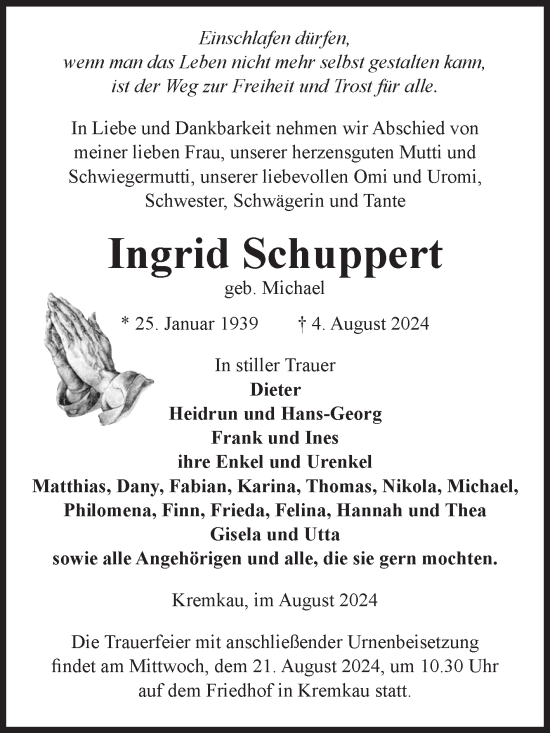 Traueranzeige von Ingrid Schuppert von Volksstimme Altmark Ost