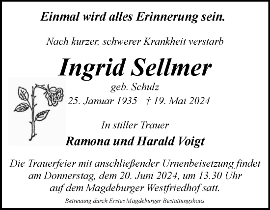 Traueranzeige von Ingrid Sellmer von Volksstimme Magdeburg