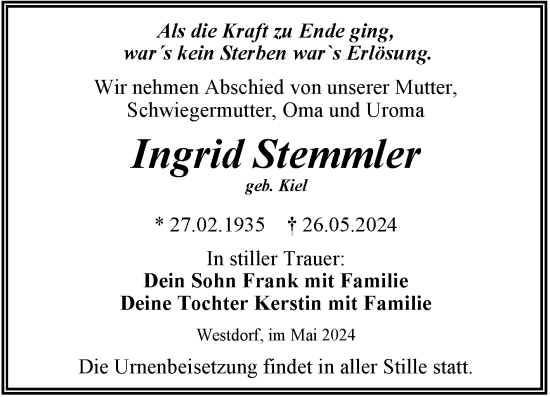 Traueranzeige von Ingrid Stemmler von Trauerkombi Aschersleben