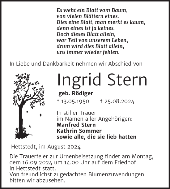 Traueranzeige von Ingrid Stern von Trauerkombi Mansfelder Land