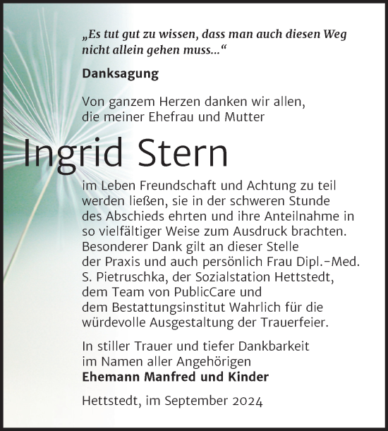 Traueranzeige von Ingrid Stern von Trauerkombi Mansfelder Land