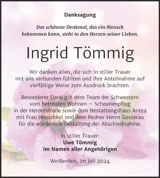 Traueranzeige von Ingrid Tömmig von Trauerkombi Weißenfels