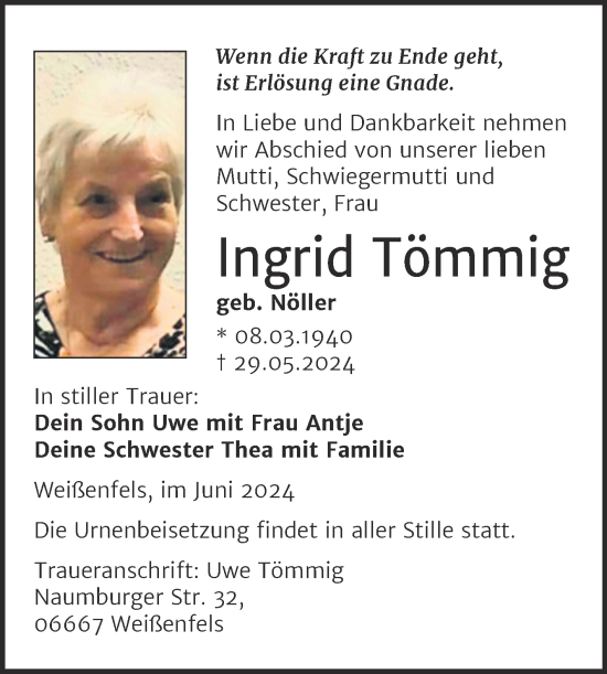 Traueranzeige von Ingrid Tömmig von Trauerkombi Weißenfels