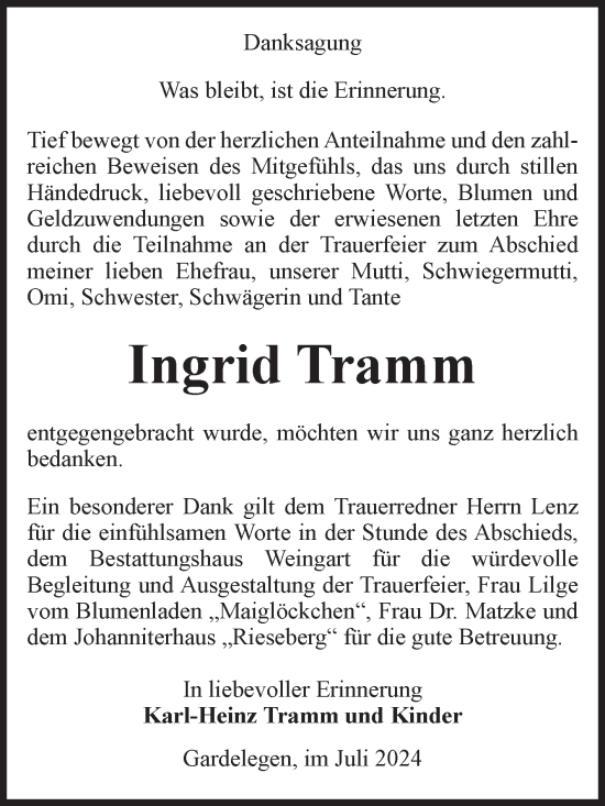 Traueranzeige von Ingrid Tramm von Volksstimme Altmark West