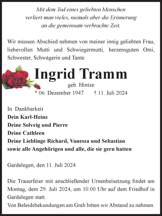 Traueranzeige von Ingrid Tramm von Volksstimme Altmark West
