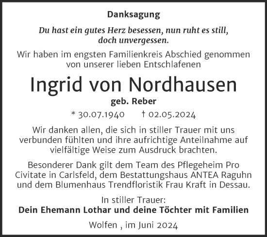 Traueranzeige von Ingrid von Nordhausen von Trauerkombi Bitterfeld