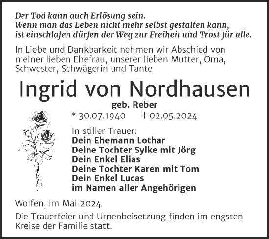 Traueranzeige von Ingrid von Nordhausen von Trauerkombi Bitterfeld