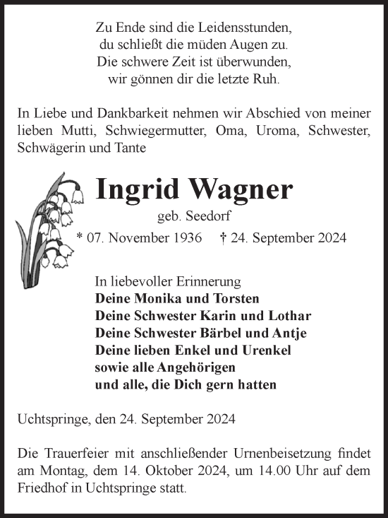 Traueranzeige von Ingrid Wagner von Volksstimme Altmark Ost