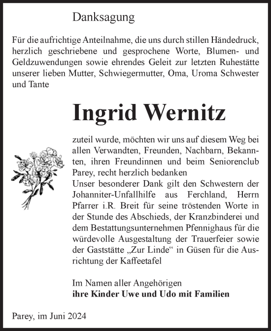 Traueranzeige von Ingrid Wernitz von Volksstimme Burg/Genthin