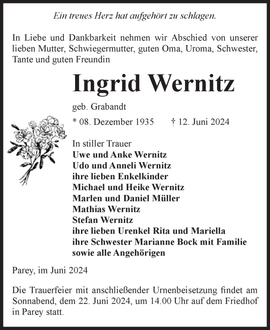 Traueranzeige von Ingrid Wernitz von Volksstimme Burg/Genthin