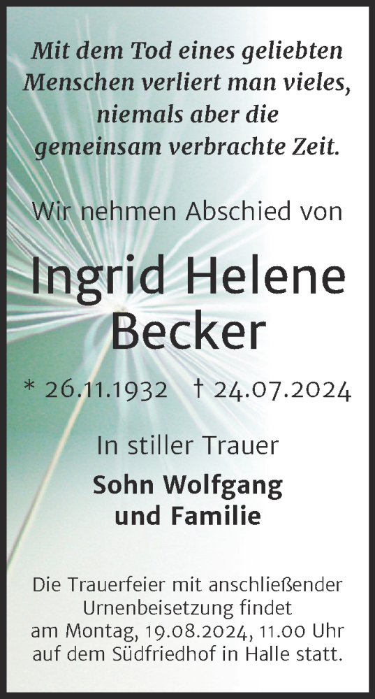 Traueranzeige von Ingrid Helene Becker von Mitteldeutsche Zeitung Halle/Saalkreis