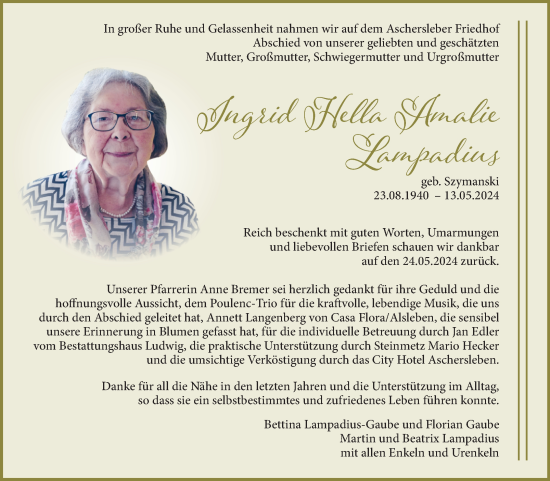 Traueranzeige von Ingrid Hella Amalie Lampadius von Mitteldeutsche Zeitung Aschersleben