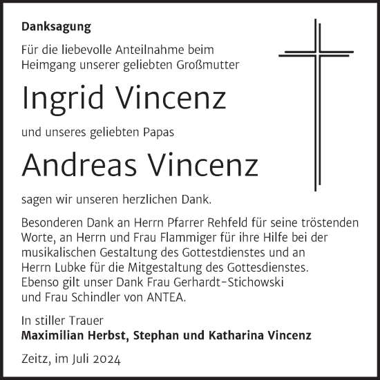 Traueranzeige von Ingrid und Andreas Vincenz von Trauerkombi Zeitz