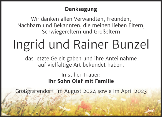 Traueranzeige von Ingrid und Rainer Bunzel von Trauerkombi Merseburg