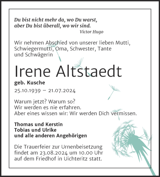 Traueranzeige von Irene Altstaedt von Trauerkombi Weißenfels